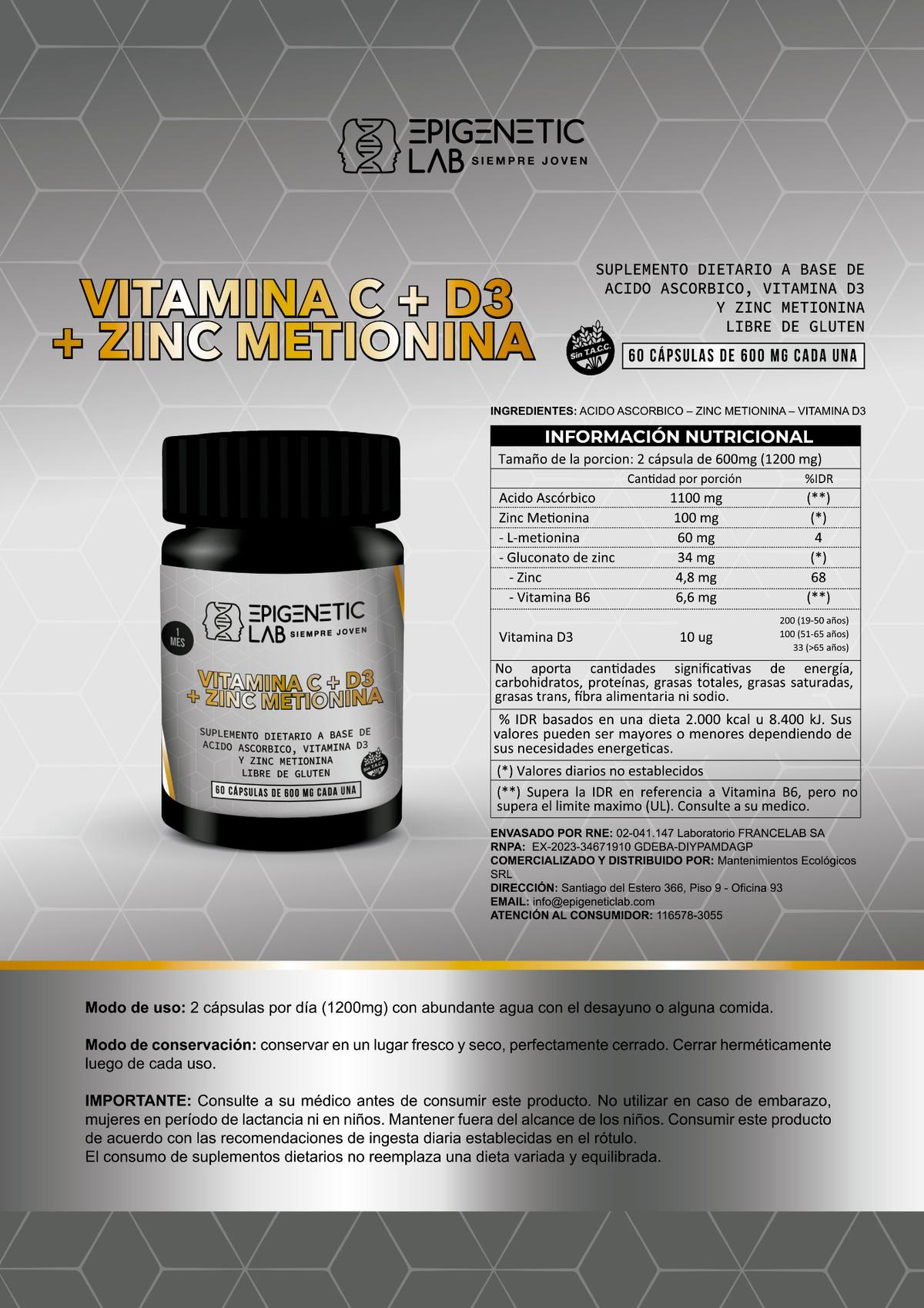 VITAMINA C+VITAMINA D3+ZINC METIONINA x 60 CAPSULAS DE 600 MG SIN TACC