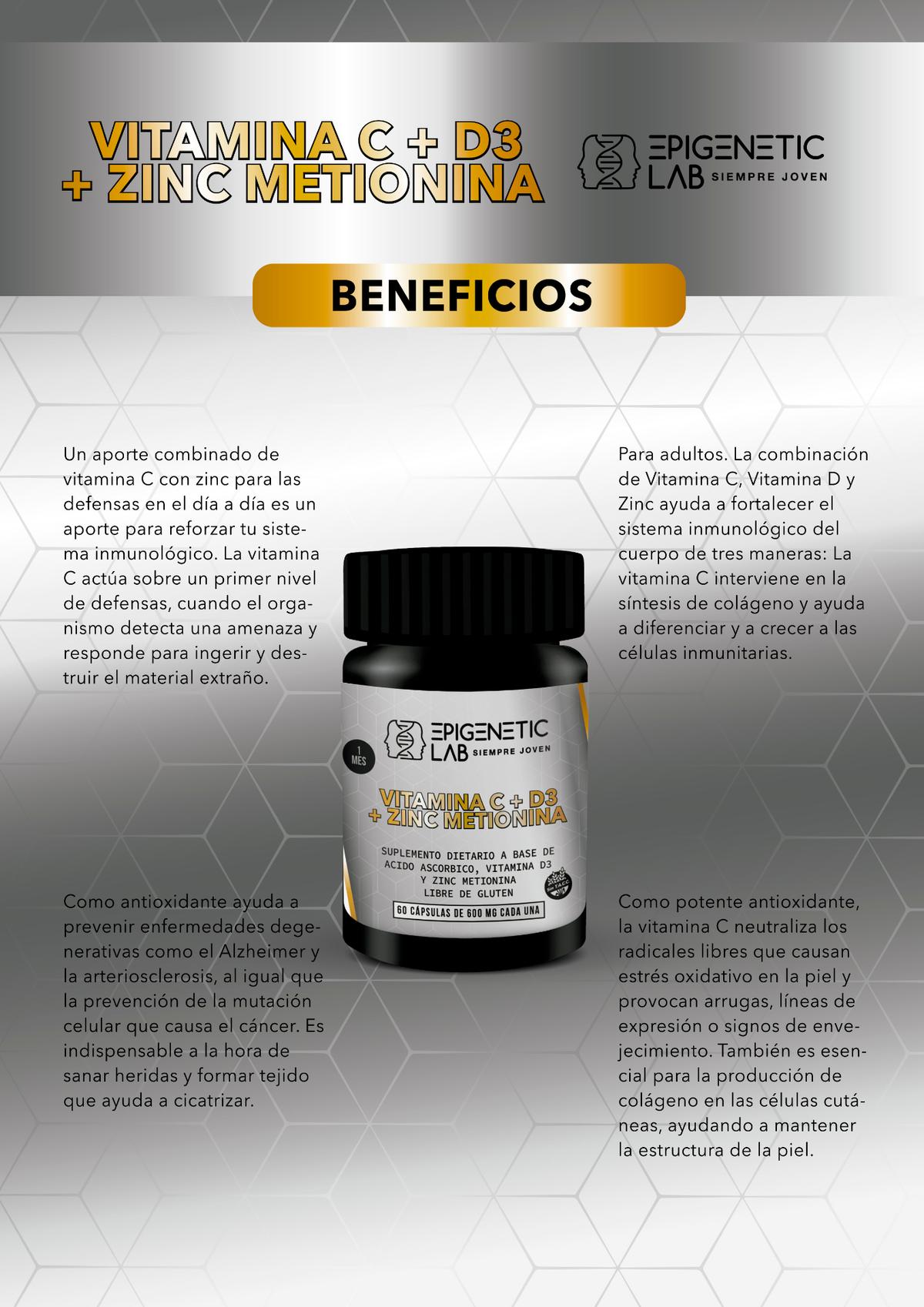 VITAMINA C+VITAMINA D3+ZINC METIONINA x 60 CAPSULAS DE 600 MG SIN TACC