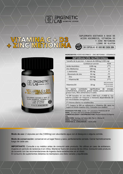 VITAMINA C+VITAMINA D3+ZINC METIONINA x 60 CAPSULAS DE 600 MG SIN TACC