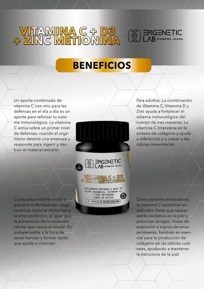 VITAMINA C+VITAMINA D3+ZINC METIONINA x 60 CAPSULAS DE 600 MG SIN TACC
